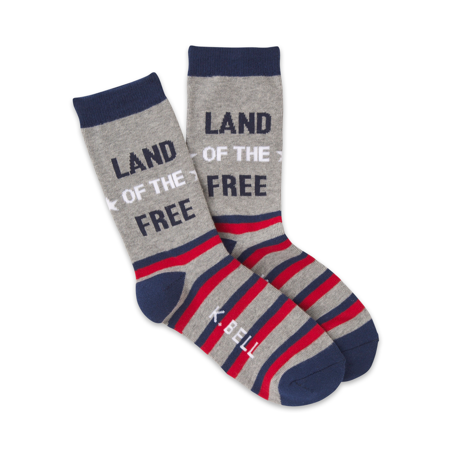 A pair of crew socks in grey, red, and navy blue.  The socks feature horizontal stripes and the text 'Land of the Free'.