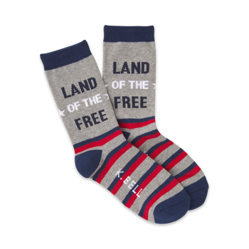  women's crew socks with land of the free printed on the front in blue. red and blue stripes at the top.  