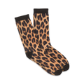 A pair of women's crew socks in a tan and black leopard print. The socks are folded to show both sides of the print.