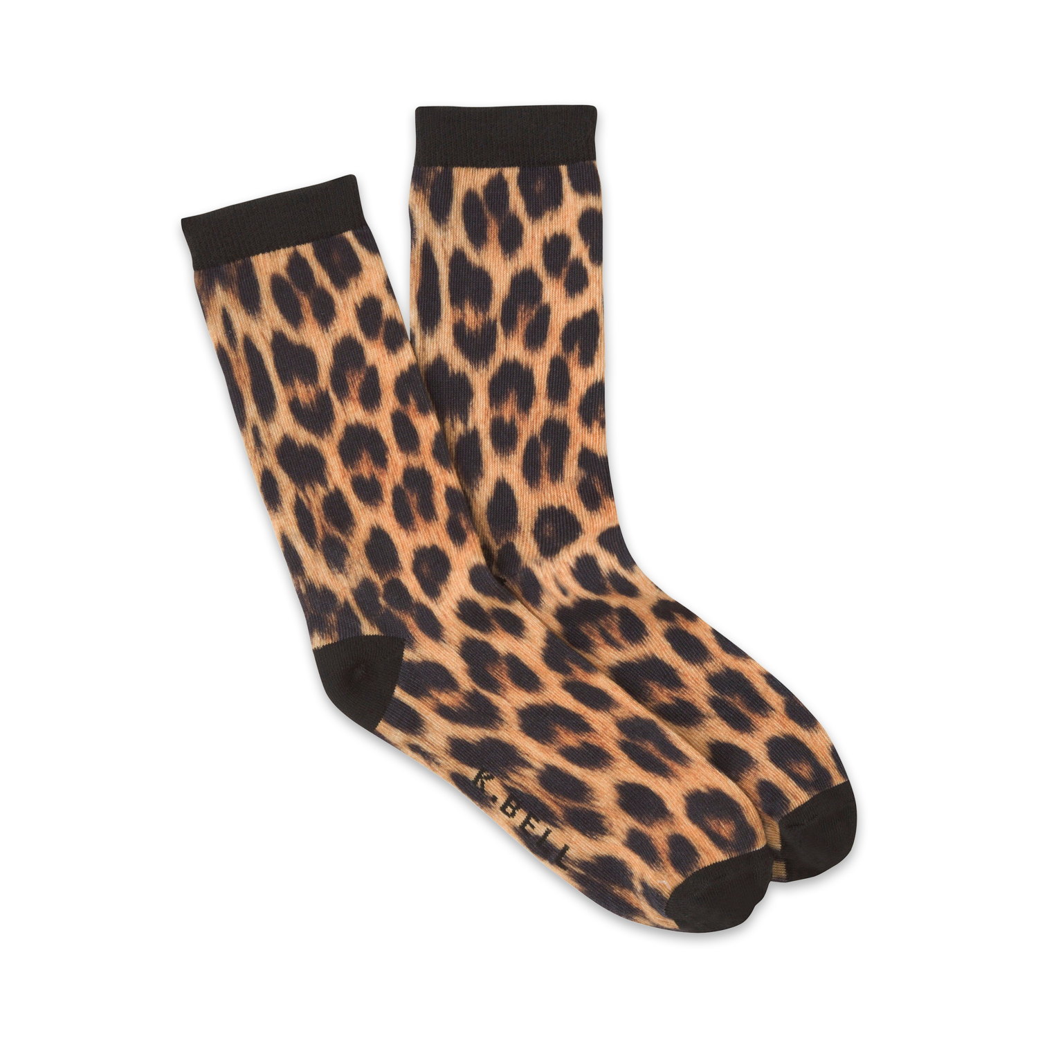 A pair of women's crew socks in a tan and black leopard print. The socks are folded to show both sides of the print.