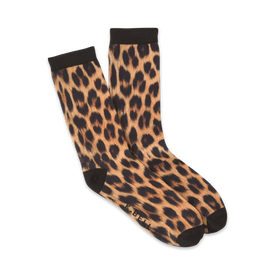 womens novelty crew socks with an allover leopard print in shades of brown and black.  