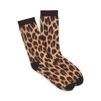 womens novelty crew socks with an allover leopard print in shades of brown and black.  