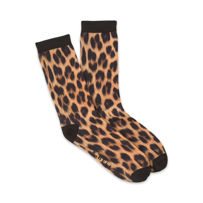 womens novelty crew socks with an allover leopard print in shades of brown and black.   }}