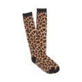 Pair of knee-high socks in brown and black leopard print.  The socks have a dark toe and heel.