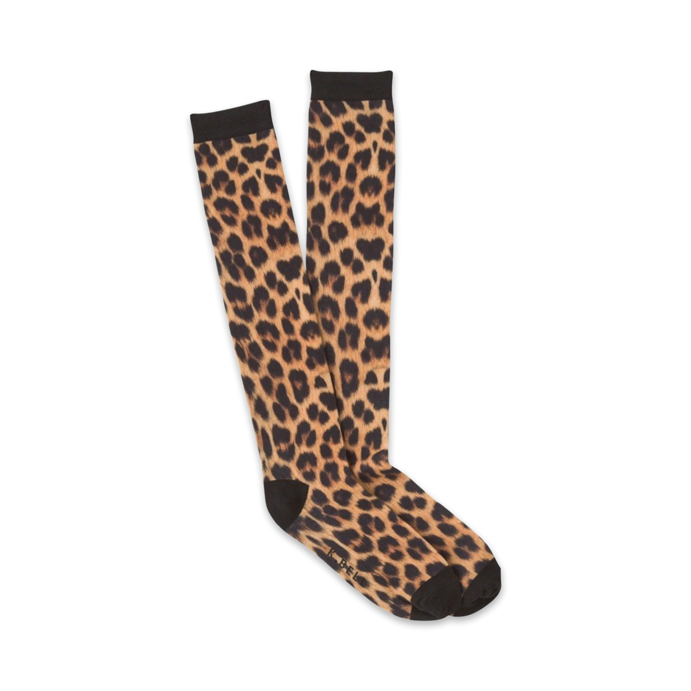 Pair of knee-high socks in brown and black leopard print.  The socks have a dark toe and heel.