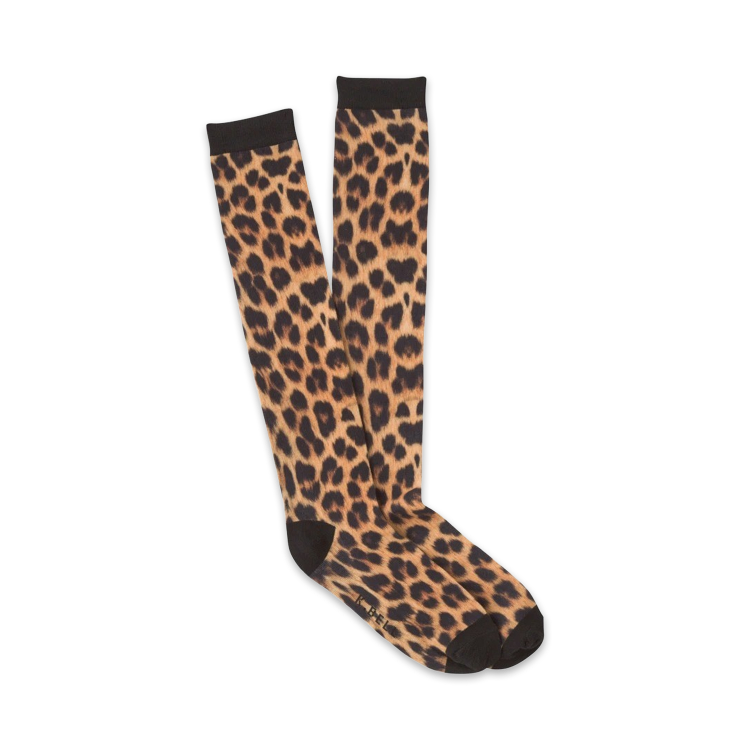 Pair of knee-high socks in brown and black leopard print.  The socks have a dark toe and heel.