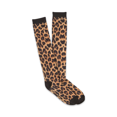 Pair of knee-high socks in brown and black leopard print.  The socks have a dark toe and heel.