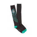 Pair of black knee-high socks with a teal and green peacock feather design.  The socks have teal cuffs and subtle branding.