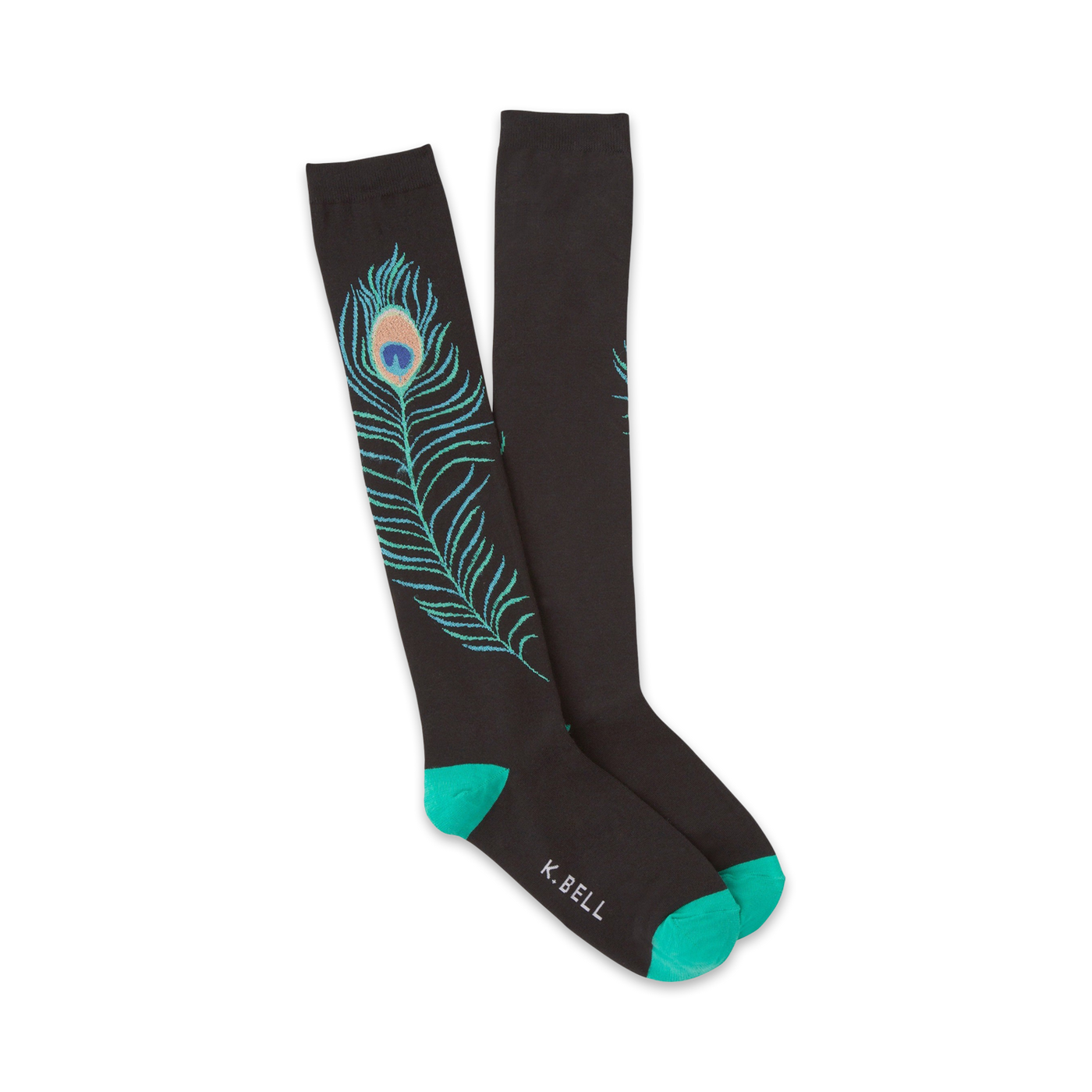 Pair of black knee-high socks with a teal and green peacock feather design.  The socks have teal cuffs and subtle branding.
