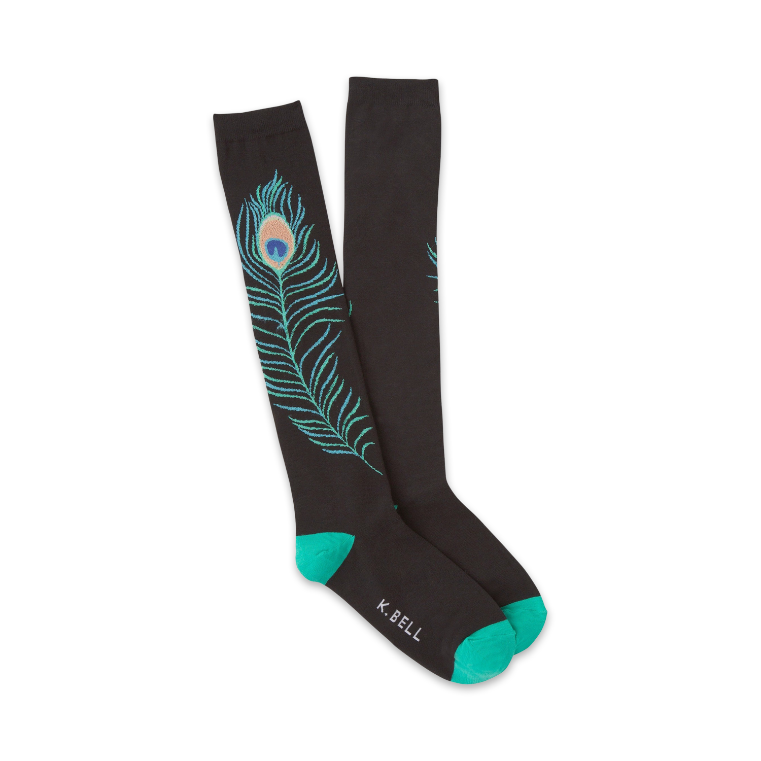 Pair of black knee-high socks with a teal and green peacock feather design.  The socks have teal cuffs and subtle branding.