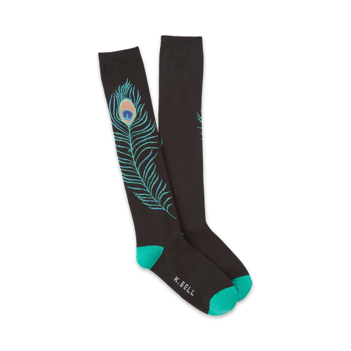 Pair of black knee-high socks with a teal and green peacock feather design.  The socks have teal cuffs and subtle branding.