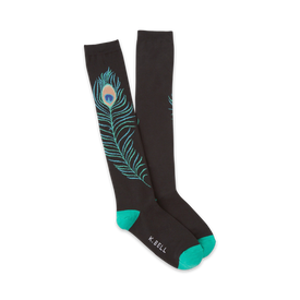 black knee-high peacock feather socks for women have a green band around the top and feature a pattern of blue, green, and brown feathers.   