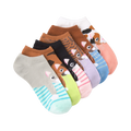 Six pairs of low-cut socks. Each sock shows a different cartoon cat in various colors like brown, pink, green, and blue. Some cats are on striped backgrounds.