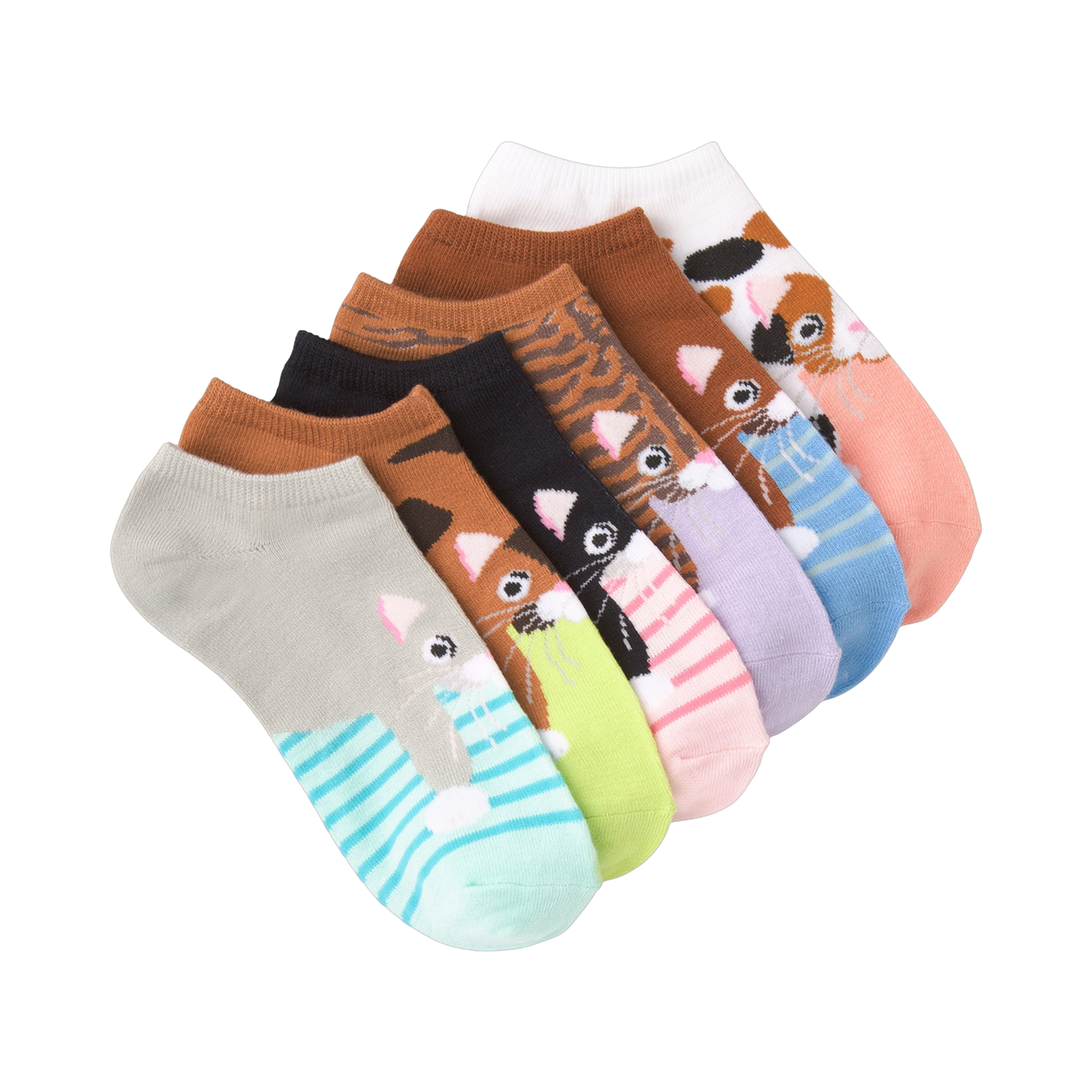 Six pairs of low-cut socks. Each sock shows a different cartoon cat in various colors like brown, pink, green, and blue. Some cats are on striped backgrounds.