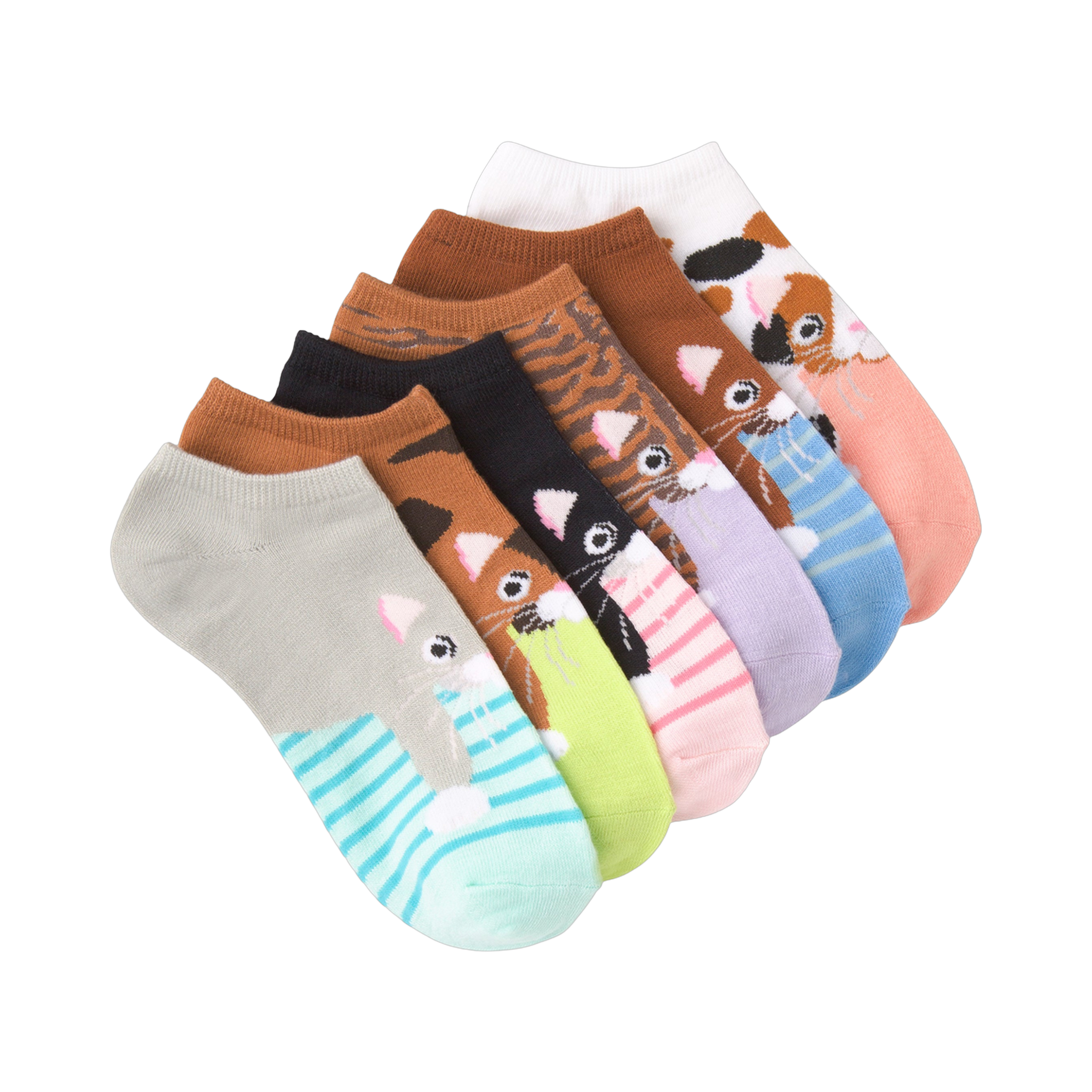 Six pairs of low-cut socks. Each sock shows a different cartoon cat in various colors like brown, pink, green, and blue. Some cats are on striped backgrounds.