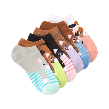 Six pairs of low-cut socks. Each sock shows a different cartoon cat in various colors like brown, pink, green, and blue. Some cats are on striped backgrounds.