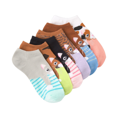 Six pairs of low-cut socks. Each sock shows a different cartoon cat in various colors like brown, pink, green, and blue. Some cats are on striped backgrounds.