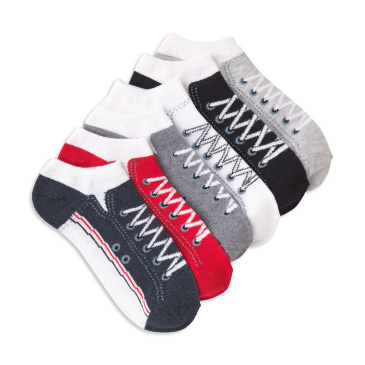 6-pack of colorful sneaker ankle socks with shoelace designs. Features red, navy, grey, black, and white.