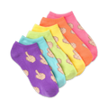 Flatlay product shot of six pairs of colorful ankle socks with a middle finger design.