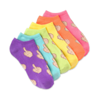 Flatlay product shot of six pairs of colorful ankle socks with a middle finger design.