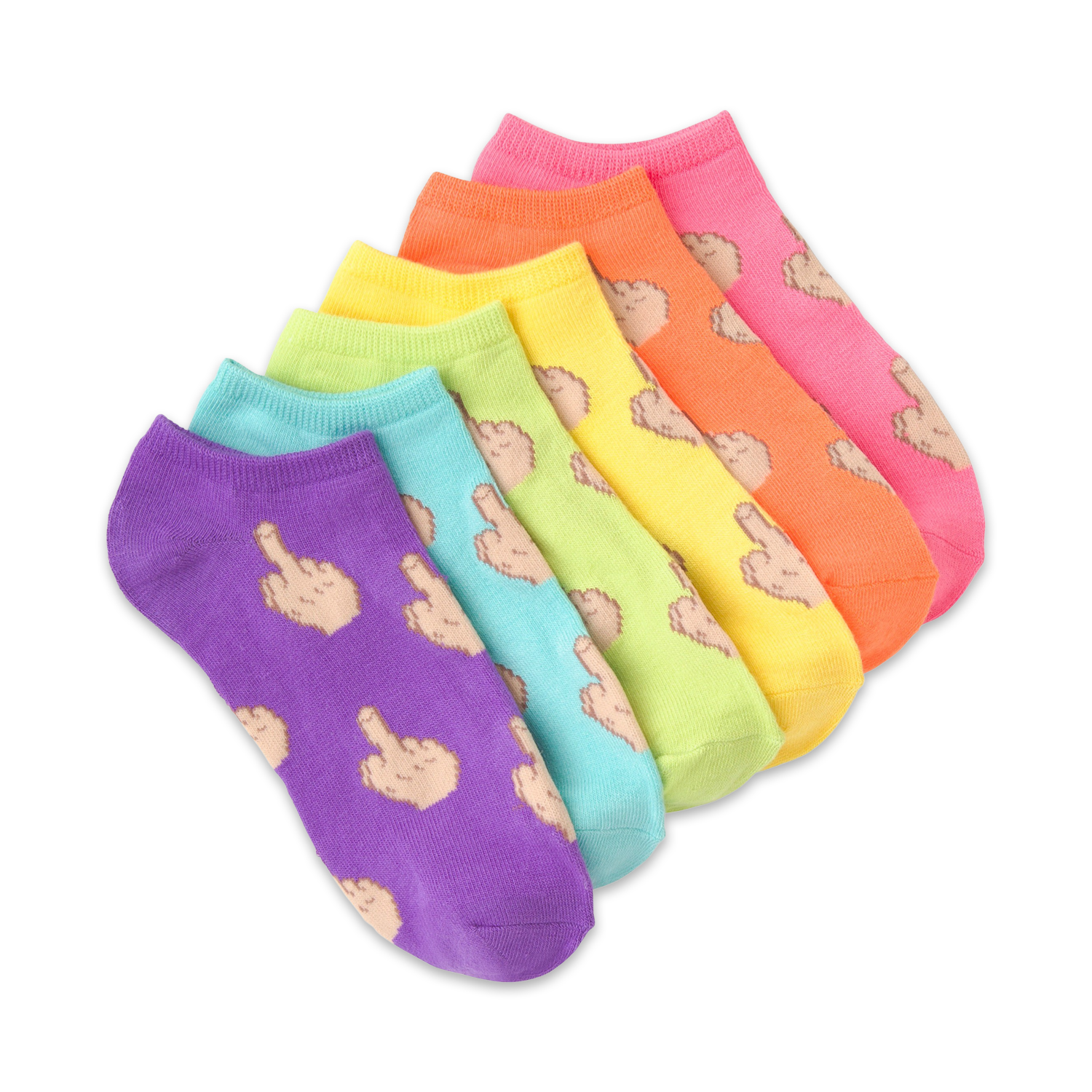 Flatlay product shot of six pairs of colorful ankle socks with a middle finger design.