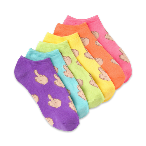 Flatlay product shot of six pairs of colorful ankle socks with a middle finger design.