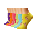 Six pairs of bright, colorful ankle socks. Each sock features a repeated pattern of a cartoon middle finger.