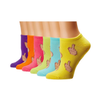 Six pairs of bright, colorful ankle socks. Each sock features a repeated pattern of a cartoon middle finger.