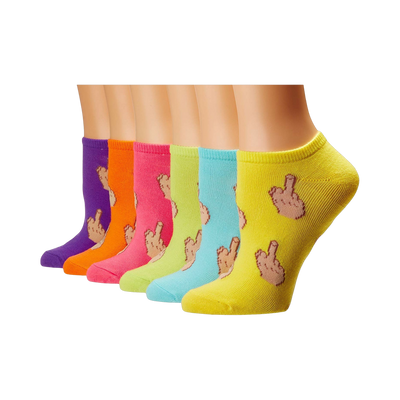 Six pairs of bright, colorful ankle socks. Each sock features a repeated pattern of a cartoon middle finger.