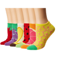 Six pairs of low-cut fruit socks.  Designs include strawberries, grapes, lemons, watermelon, grapefruit, and pineapple.  Bright, colorful patterns on a white background.