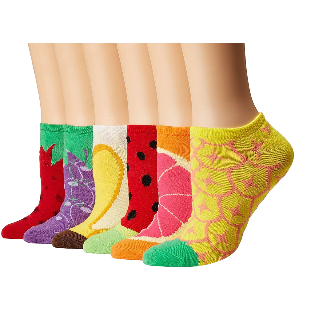 Six pairs of low-cut fruit socks.  Designs include strawberries, grapes, lemons, watermelon, grapefruit, and pineapple.  Bright, colorful patterns on a white background.