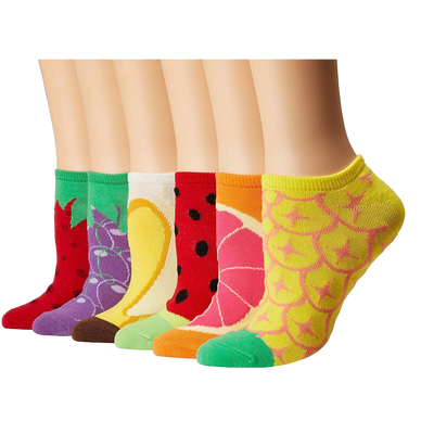 Six pairs of low-cut fruit socks.  Designs include strawberries, grapes, lemons, watermelon, grapefruit, and pineapple.  Bright, colorful patterns on a white background.