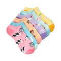 Six pairs of pastel-colored ankle socks. Each sock features a different farm animal design: cows, chickens, pigs, and horses are visible.