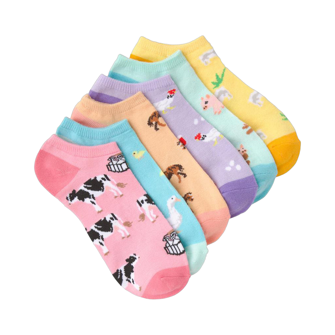 Six pairs of pastel-colored ankle socks. Each sock features a different farm animal design: cows, chickens, pigs, and horses are visible.