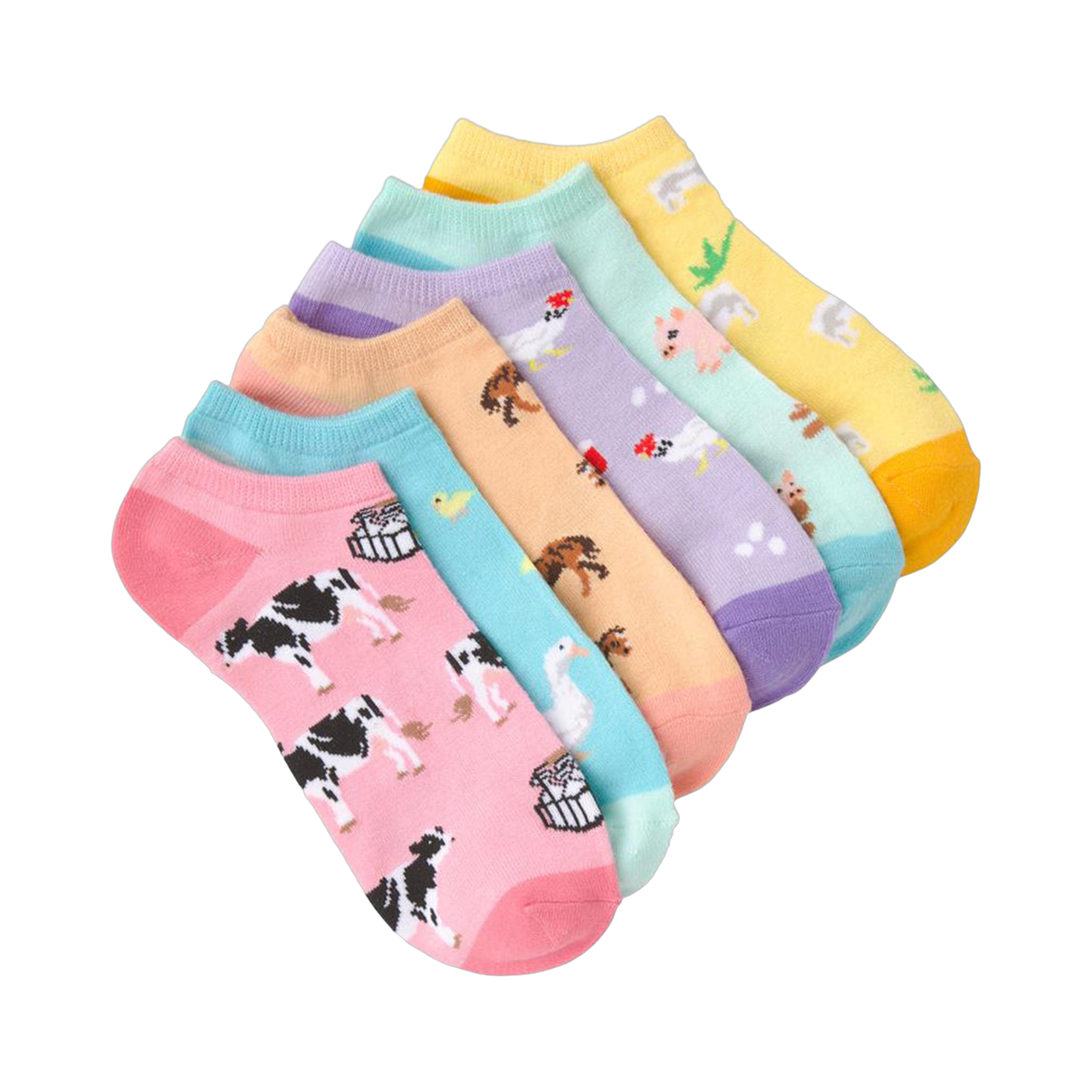 Six pairs of pastel-colored ankle socks. Each sock features a different farm animal design: cows, chickens, pigs, and horses are visible.