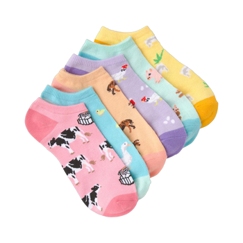 Six pairs of pastel-colored ankle socks. Each sock features a different farm animal design: cows, chickens, pigs, and horses are visible.