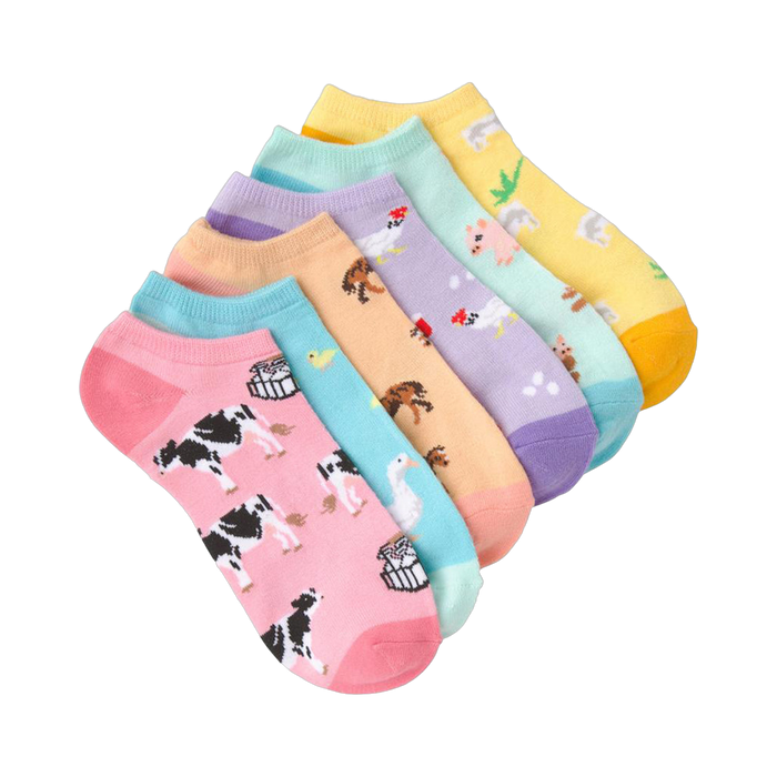 Six pairs of pastel-colored ankle socks. Each sock features a different farm animal design: cows, chickens, pigs, and horses are visible. }}