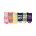 Six ankle socks in a 6-pack.  Each sock has a different motivational message and a contrasting colored cuff. Colors include gray, black, pink, orange, yellow, and teal.