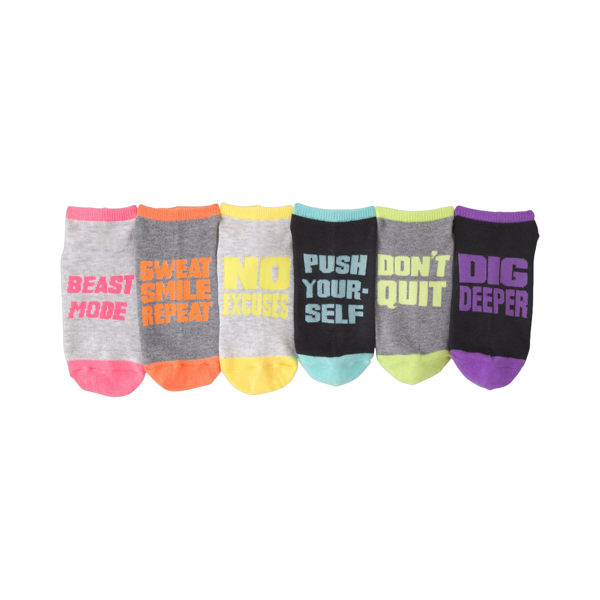Six ankle socks in a 6-pack.  Each sock has a different motivational message and a contrasting colored cuff. Colors include gray, black, pink, orange, yellow, and teal.