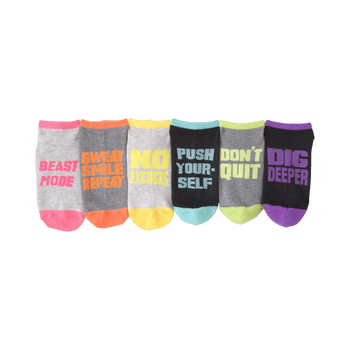Six ankle socks in a 6-pack.  Each sock has a different motivational message and a contrasting colored cuff. Colors include gray, black, pink, orange, yellow, and teal.