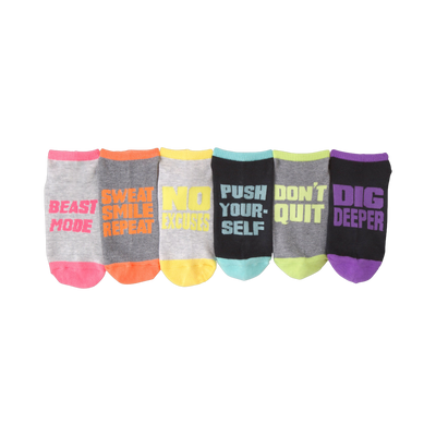 Six ankle socks in a 6-pack.  Each sock has a different motivational message and a contrasting colored cuff. Colors include gray, black, pink, orange, yellow, and teal.