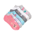 Six pairs of low-cut socks with dog designs.  Colors include pink, light blue, gray, white, and purple.  Paw prints and cartoon dogs are visible on the socks.
