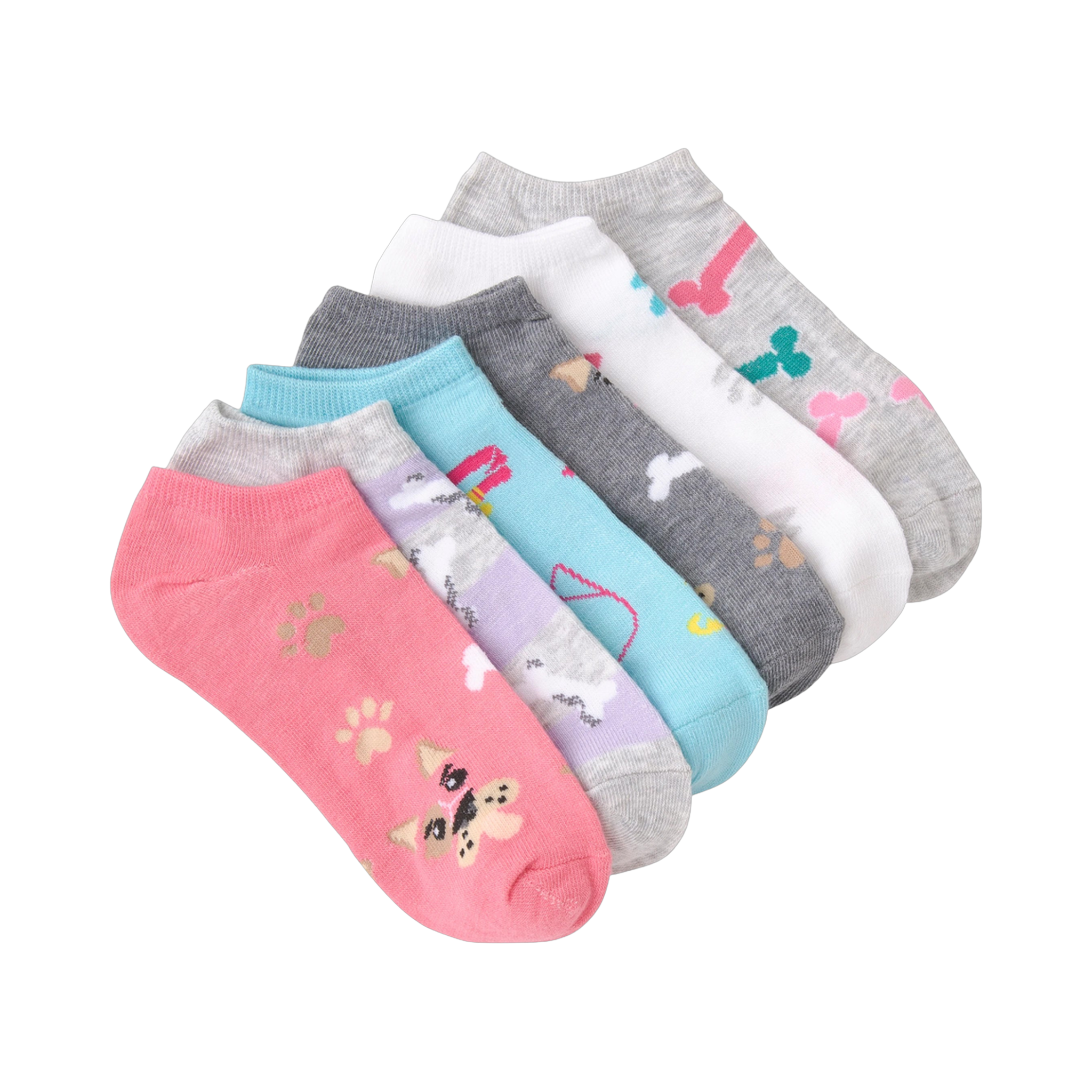 Six pairs of low-cut socks with dog designs.  Colors include pink, light blue, gray, white, and purple.  Paw prints and cartoon dogs are visible on the socks.