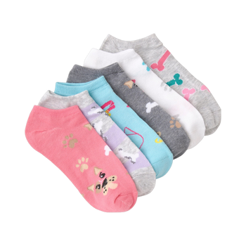 Six pairs of low-cut socks with dog designs.  Colors include pink, light blue, gray, white, and purple.  Paw prints and cartoon dogs are visible on the socks.