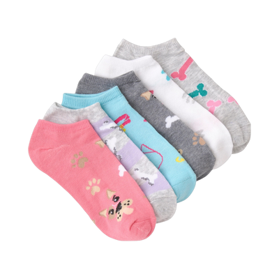 Six pairs of low-cut socks with dog designs.  Colors include pink, light blue, gray, white, and purple.  Paw prints and cartoon dogs are visible on the socks.