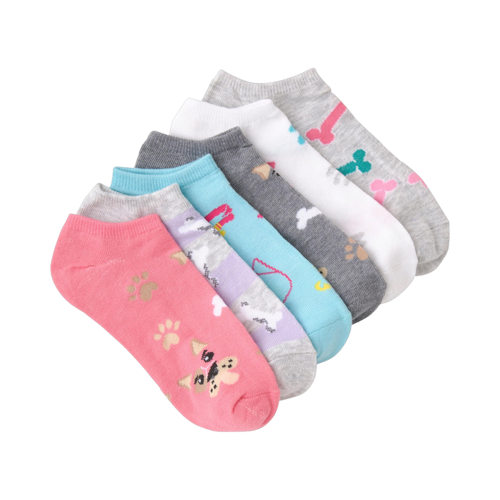 Six pairs of low-cut socks with dog designs.  Colors include pink, light blue, gray, white, and purple.  Paw prints and cartoon dogs are visible on the socks. }}
