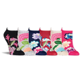 Six botanical floral ankle socks standing upright side-by-side, showing heel tabs and colorful flower patterns on the sides.