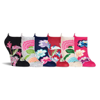 Six botanical floral ankle socks standing upright side-by-side, showing heel tabs and colorful flower patterns on the sides.