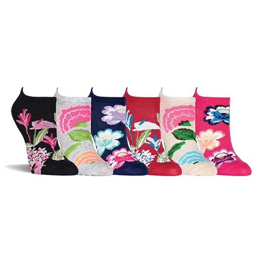 Six botanical floral ankle socks standing upright side-by-side, showing heel tabs and colorful flower patterns on the sides.