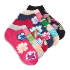 Stack of six ankle socks in bright colors like pink, navy, and black, featuring large botanical floral patterns and leaves.